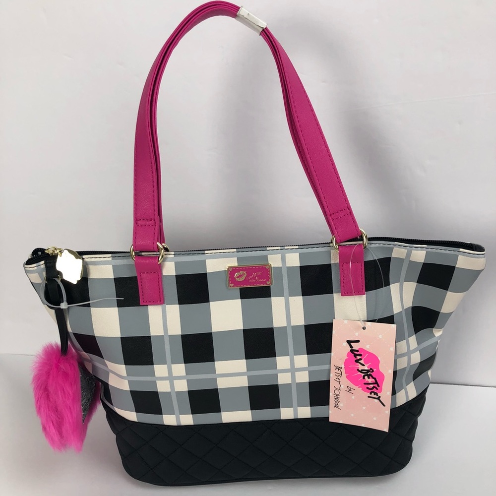 Betsey Johnson Tote Bag NWT Plaid LBAMOR Satchel - Picture 1 of 6